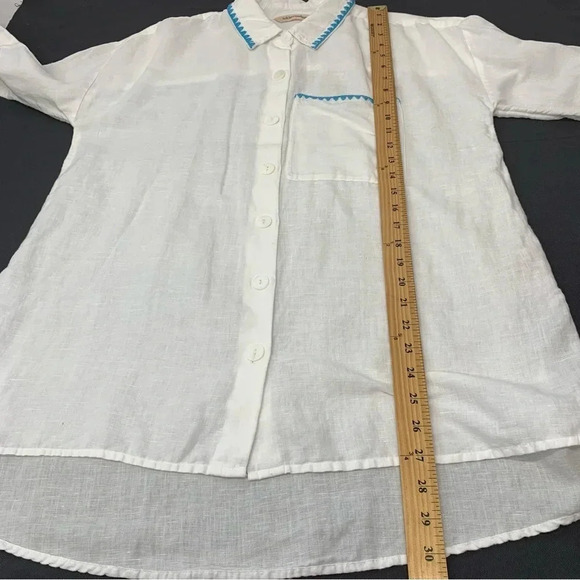 Soft Surroundings White Top Small  Linen Cotton Tunic Button Up Blue Trim Travel - Picture 11 of 11